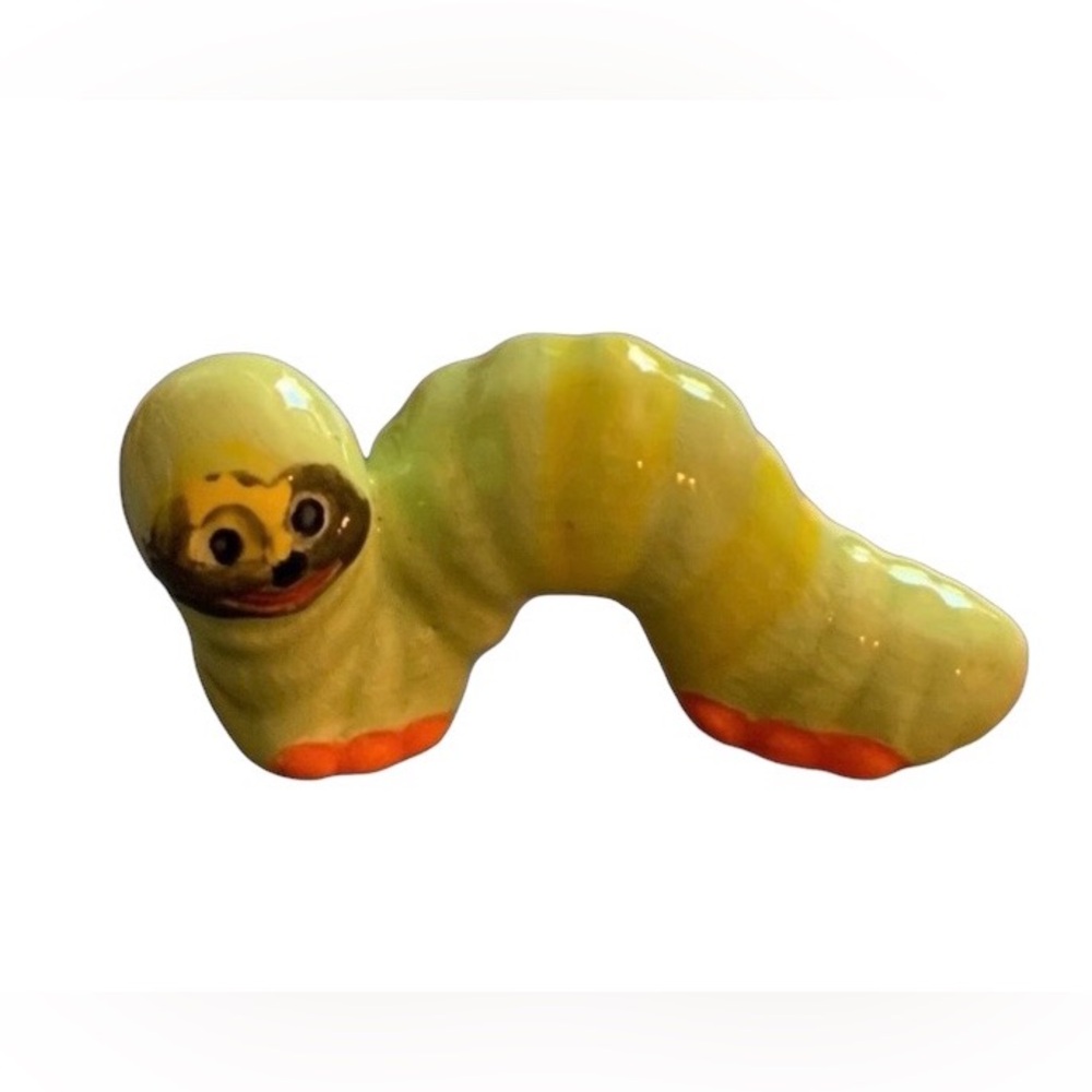 Vintage Ceramic Caterpillar Light Green Wiggle Wiggly Worm Cute Face!